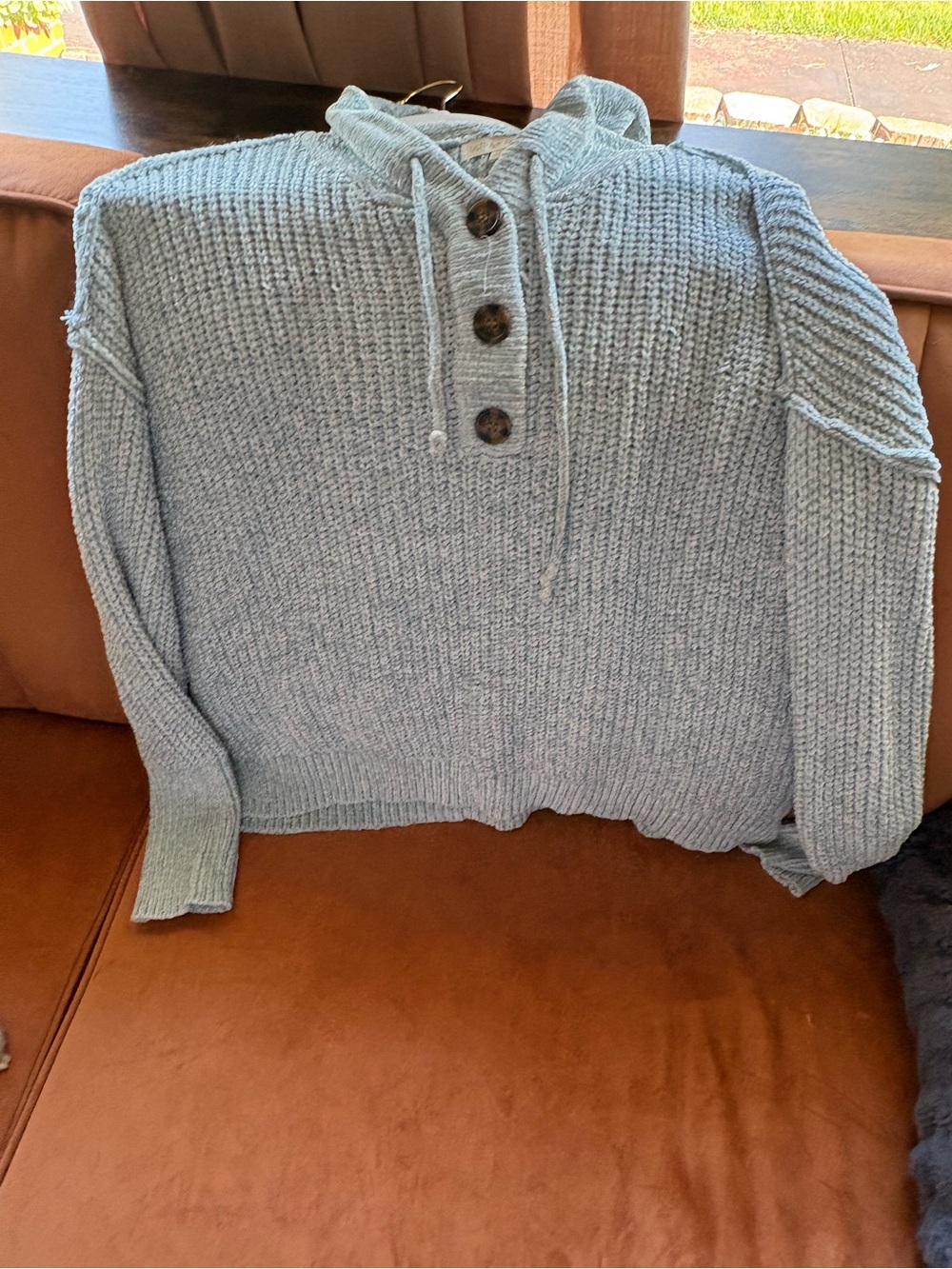 Ultra Flirt Light Blue Button-Front Hoodie Sweater